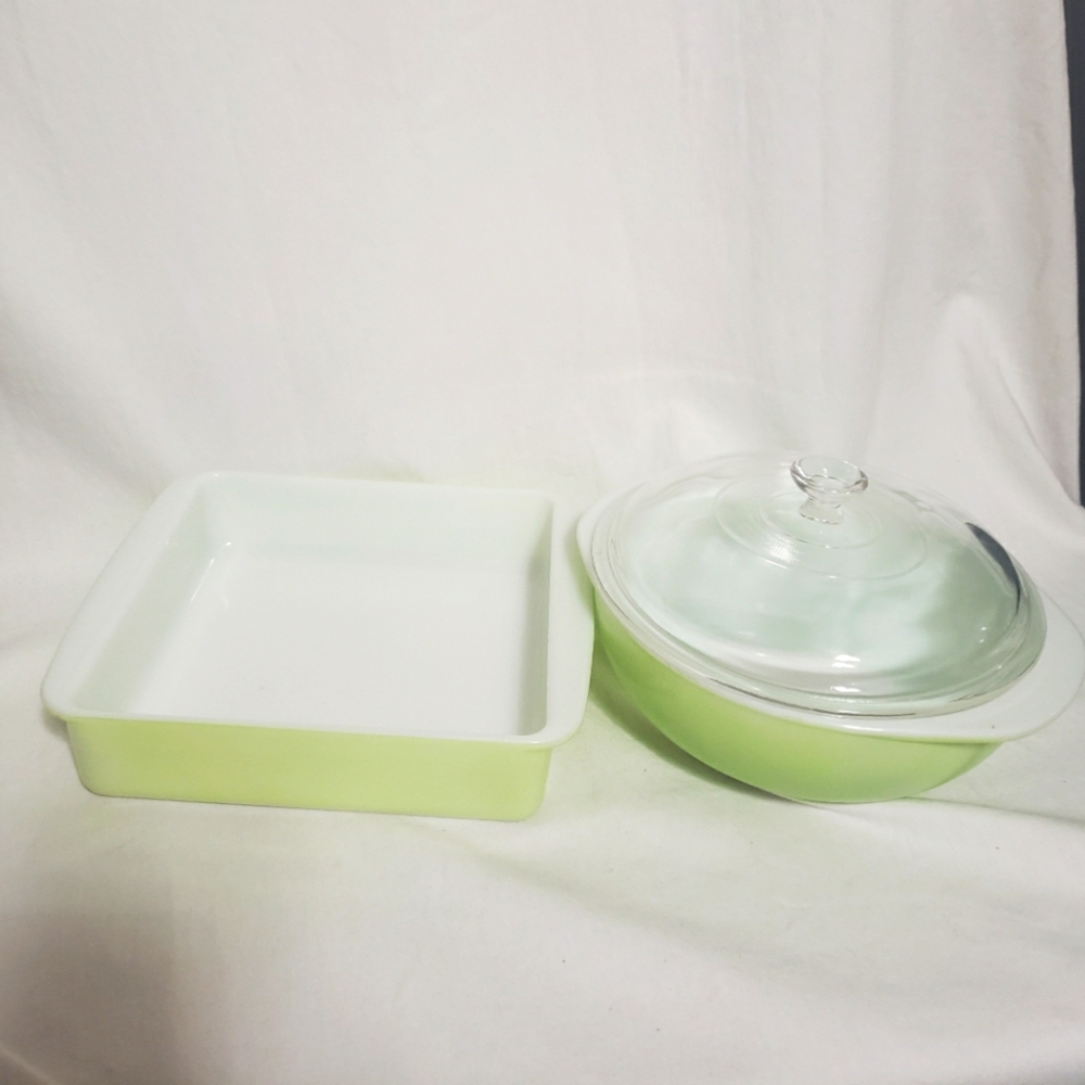 Vintage Pyrex Lime Green 2 Qt. Covered Casserole Dish and 8 inch Baking Dish